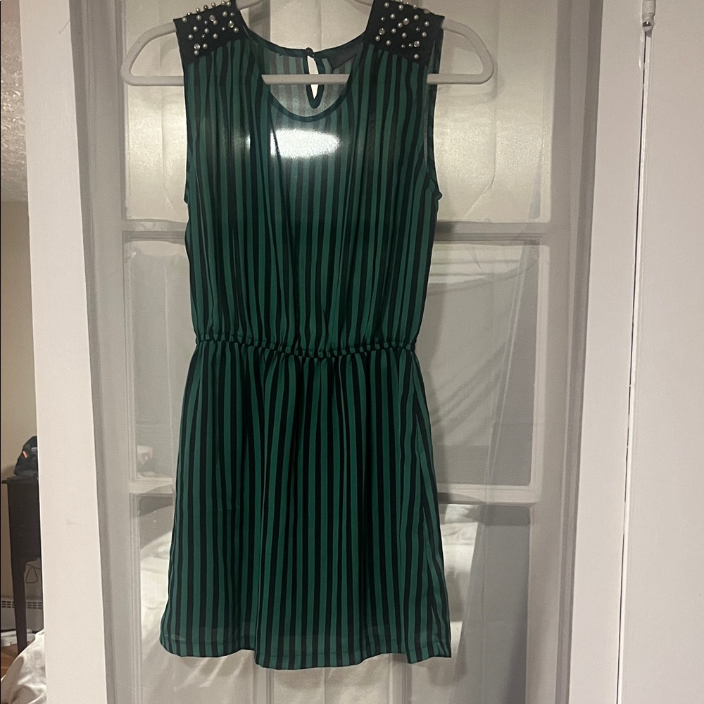 Green and Black Striped Sleeveless Dress